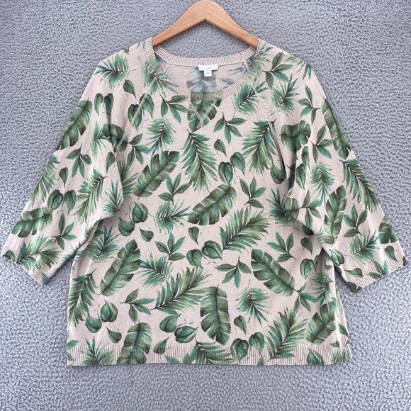 J Jill Sweater Women Large Green Fern Floral 3/4 Raglan Sleeve Crewneck Pullover - Picture 11 of 11